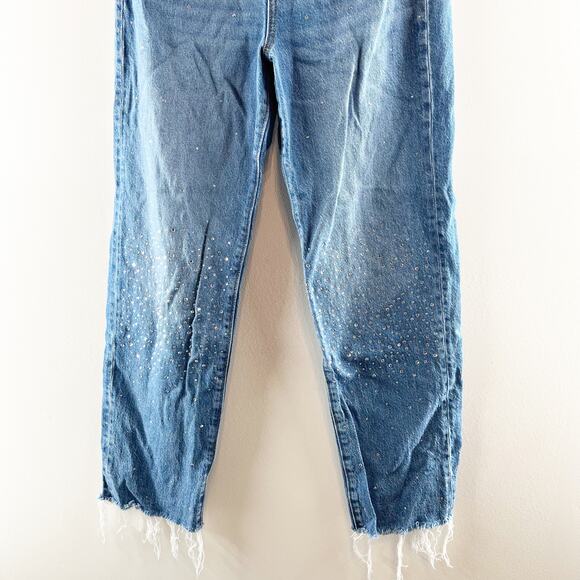 LOFT High Rise Straight Leg Raw Frayed Hem Rhinestone Jeans Blue 2 / 26 - Picture 9 of 10